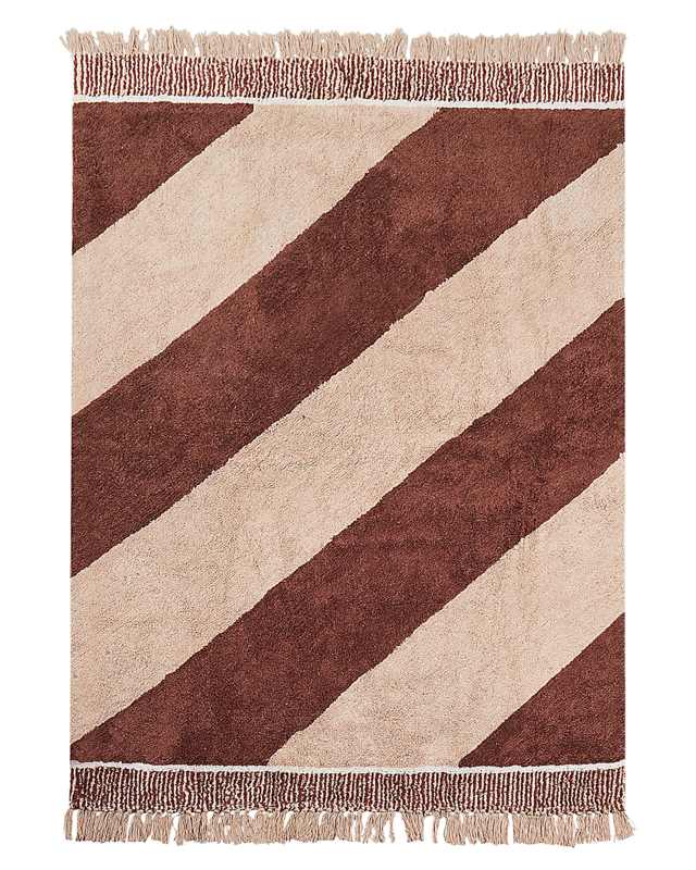 Area Rug Brown and Beige Cotton 140 x 200 cm Striped Pattern with Tassels Boho Style Living Room  Beliani