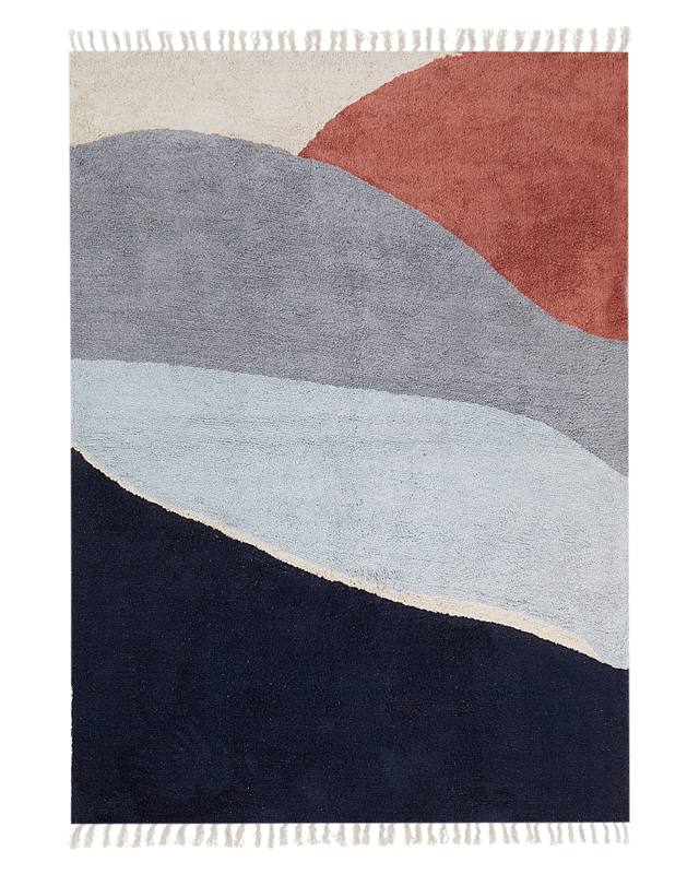 Area Rug Blue Cotton Abstract Pattern 140 x 200 cm Low Pile Tassels Rectangular Living Room Bedroom Beliani