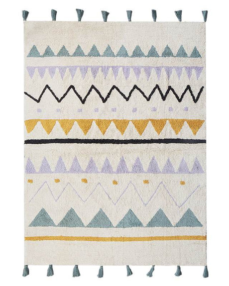 Area Rug Beige and Green Cotton Abstract Pattern 140 x 200 cm Low Pile with Tassels for Children Playroom  Beliani