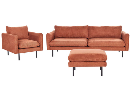 Living Room Set with Ottoman Golden Brown Chenille Fabric Black Legs Corner Sofa 3 Seater Armchair Footstool Modern Retro Style Beliani