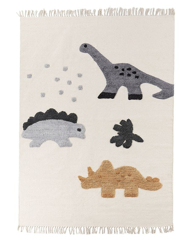 Kids Area Rug Cotton Beige 140 x 200 cm Animal Dinosaur Pattern Handwoven with Tassels Floor Playmat Beliani