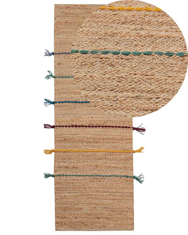 Runner Rug Beige Jute 70 x 200 cm Colourful Threads Hand Woven Boho for Kids Room Hallway Bedroom Beliani