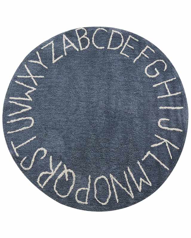 Area Rug Dark Blue Cotton ø 120 cm Round Handmade with Alphabet Boho Style Living Room Kids Children's Room Beliani