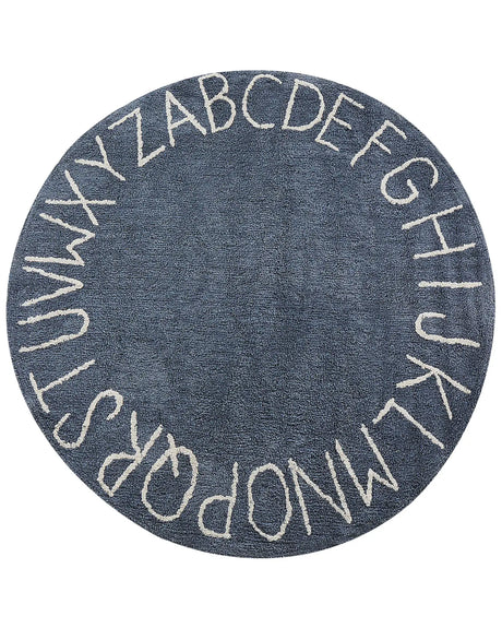 Area Rug Dark Blue Cotton  120 cm Round Handmade with Alphabet Boho Style Living Room Kids Children's Room Beliani