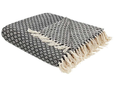 Blanket Black and White Cotton Geometric Pattern 200 x 220 cm Bed Throw Traditional Living Room Bedroom Beliani