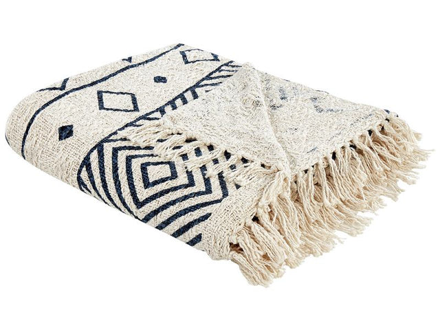 Blanket Beige and Navy Blue Cotton Geometric Pattern 150 x 200 cm Bed Throw Traditional Living Room Bedroom Beliani