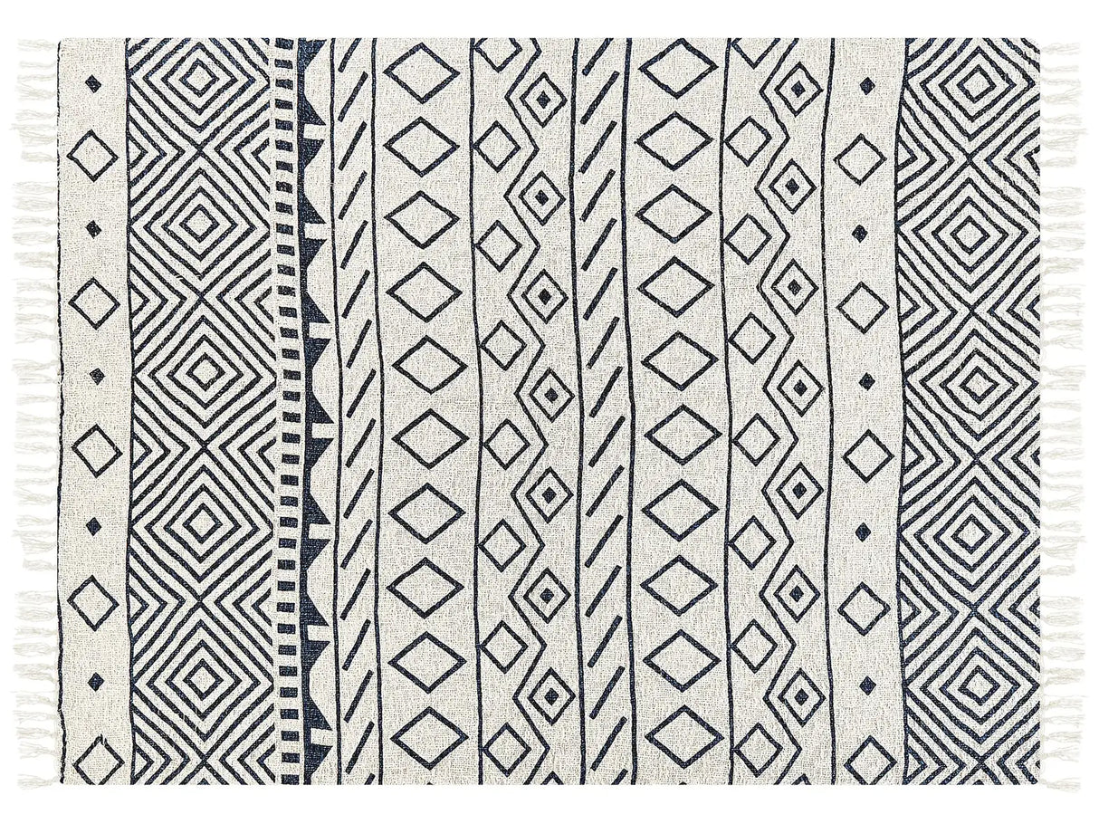 Blanket Beige and Navy Blue Cotton Geometric Pattern 150 x 200 cm Bed Throw Traditional Living Room Bedroom Beliani