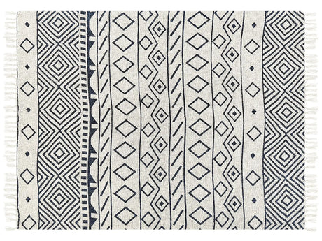Blanket Beige and Navy Blue Cotton Geometric Pattern 150 x 200 cm Bed Throw Traditional Living Room Bedroom Beliani