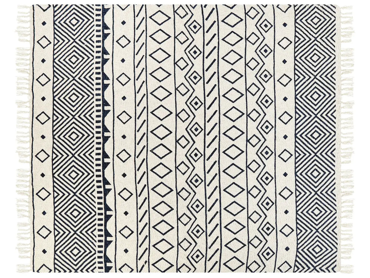 Blanket Beige and Navy Blue Cotton Geometric Pattern 200 x 220 cm Bed Throw Traditional Living Room Bedroom Beliani
