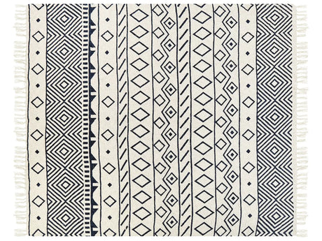 Blanket Beige and Navy Blue Cotton Geometric Pattern 200 x 220 cm Bed Throw Traditional Living Room Bedroom Beliani
