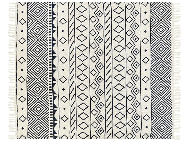 Blanket Beige and Navy Blue Cotton Geometric Pattern 200 x 220 cm Bed Throw Traditional Living Room Bedroom Beliani