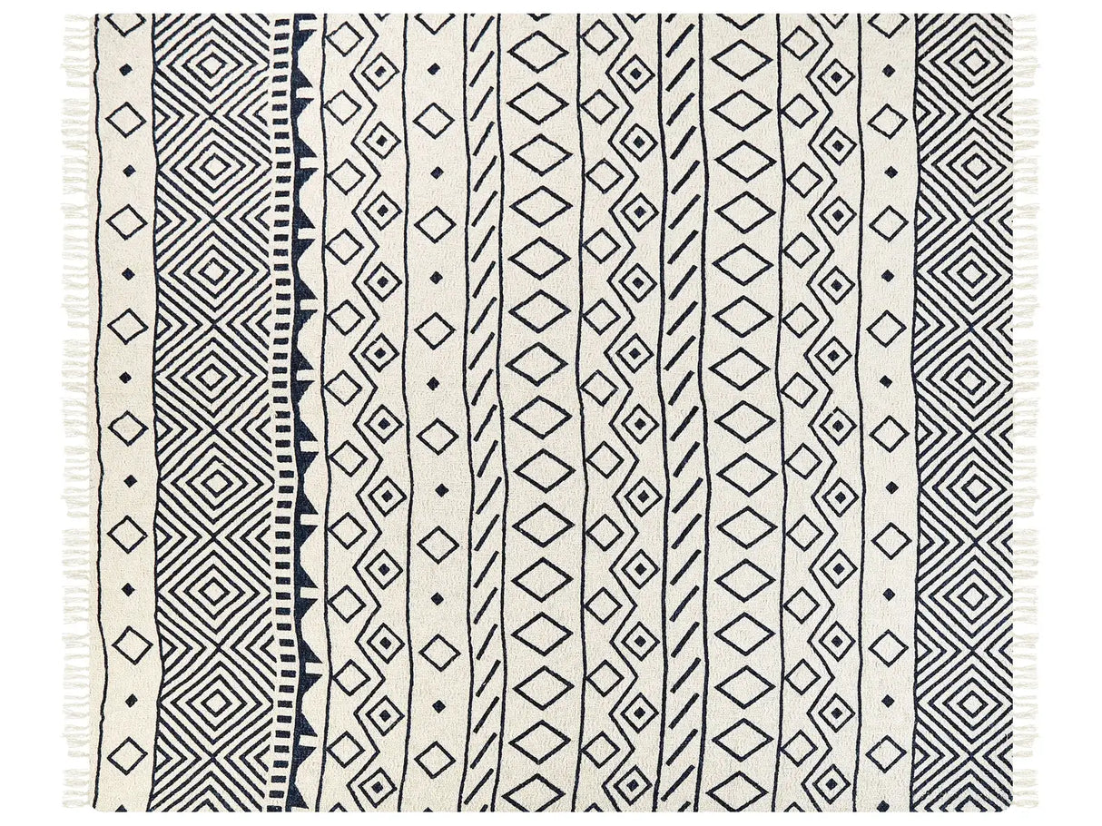 Blanket Beige and Navy Blue Cotton Geometric Pattern 220 x 240 cm Bed Throw Traditional Living Room Bedroom Beliani