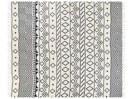 Blanket Beige and Navy Blue Cotton Geometric Pattern 220 x 240 cm Bed Throw Traditional Living Room Bedroom Beliani