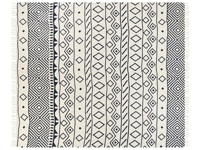 Blanket Beige and Navy Blue Cotton Geometric Pattern 220 x 240 cm Bed Throw Traditional Living Room Bedroom Beliani