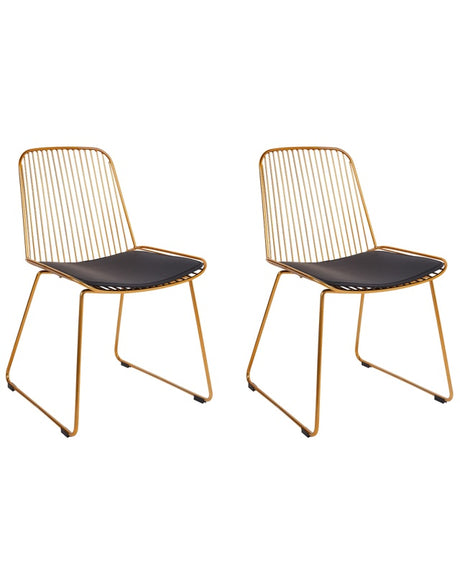 Set of 2 Dining Chairs Gold Metal Wire Design Faux Leather Black Seat Pad Glam Industrial Modern Beliani