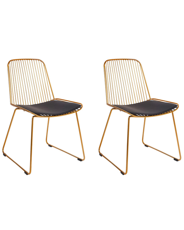 Set of 2 Dining Chairs Gold Metal Wire Design Faux Leather Black Seat Pad Glam Industrial Modern Beliani