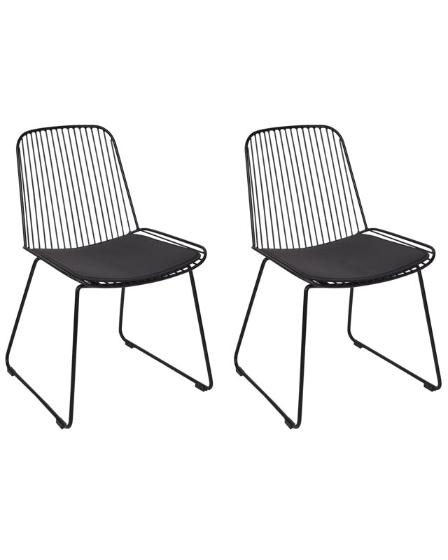 Set of 2 Dining Chairs Black Metal Wire Design Faux Leather Black Seat Pad Glam Industrial Modern Beliani