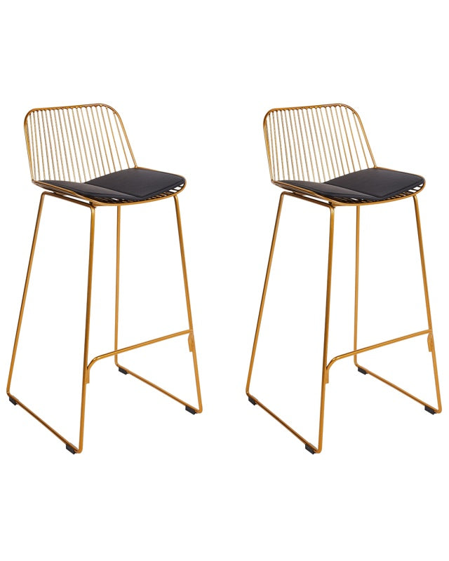 Set of 2 Bar Chairs Gold Metal Wire Design Faux Leather Black Seat Pad Glam Industrial Modern Beliani