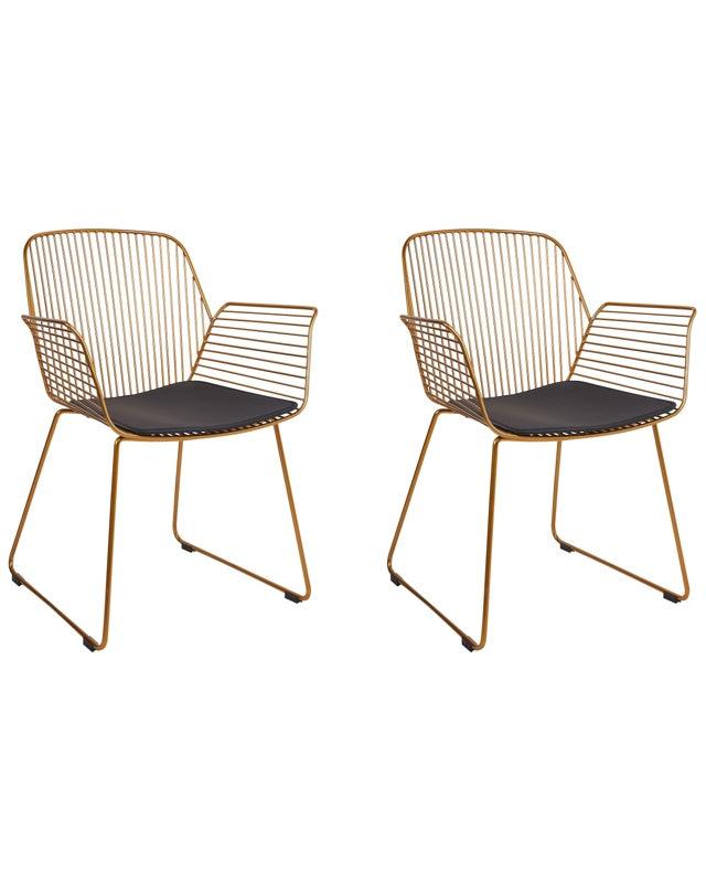 Set of 2 Dining Chairs Gold Metal Wire Design Faux Leather Black Seat Pad Glam Industrial Modern Beliani