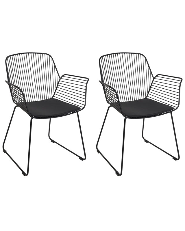 Set of 2 Dining Chairs Black Metal Wire Design Faux Leather Black Seat Pad Glam Industrial Modern Beliani