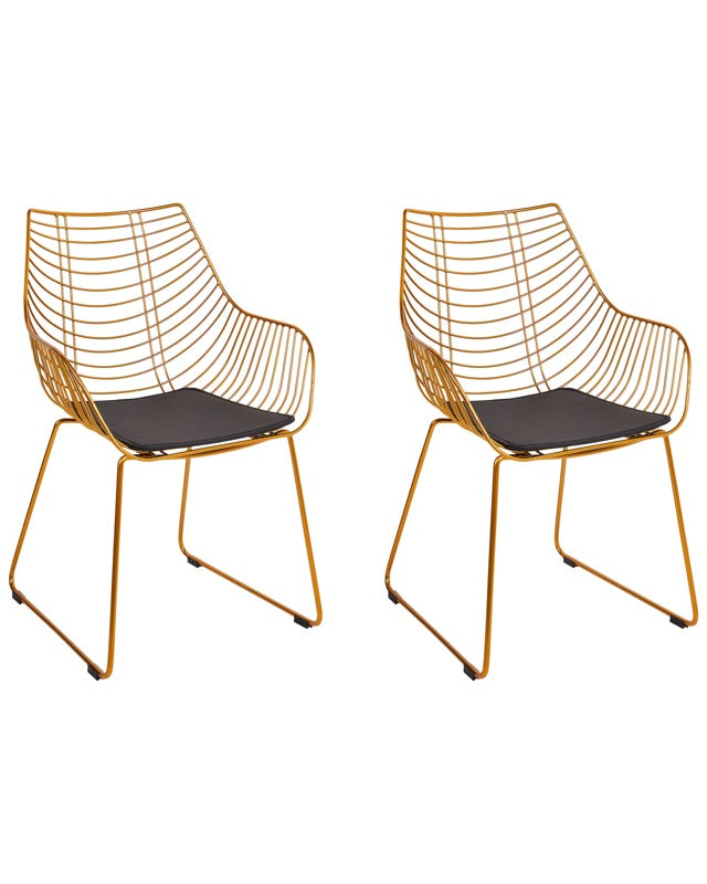 Set of 2 Dining Chairs Gold Metal Wire Design Faux Leather Black Seat Pad Glam Industrial Modern Beliani