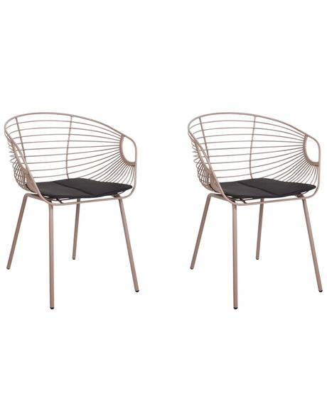 Set of 2 Dining Chairs Beige Metal Wire Design Faux Leather Black Seat Pad Glam Industrial Modern Beliani