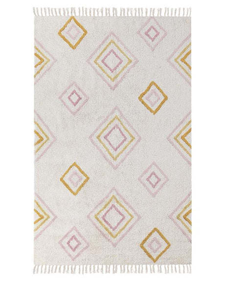 Cotton Tufted Rug  Off-white Color 140x200 cm  with Multicolor Geometric Pattern Rectangular Beliani