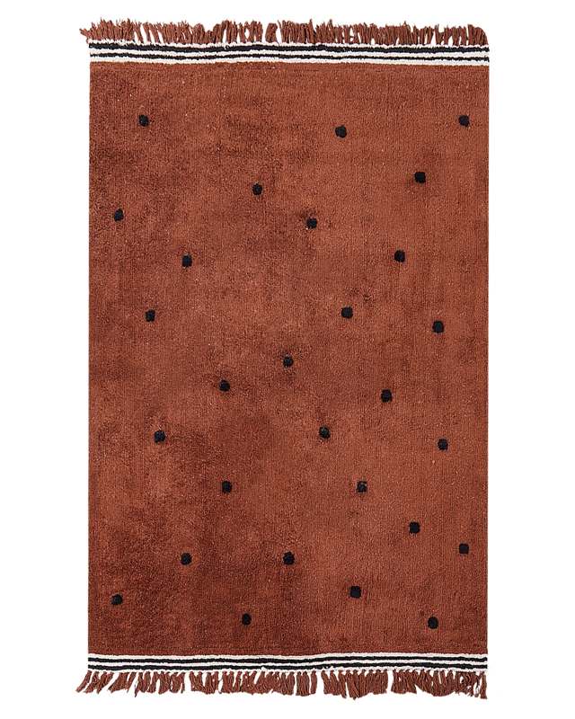 Tufted Rug Cotton Brown 140x200 cm with Black Dots and White Stripes Rectangular Beliani