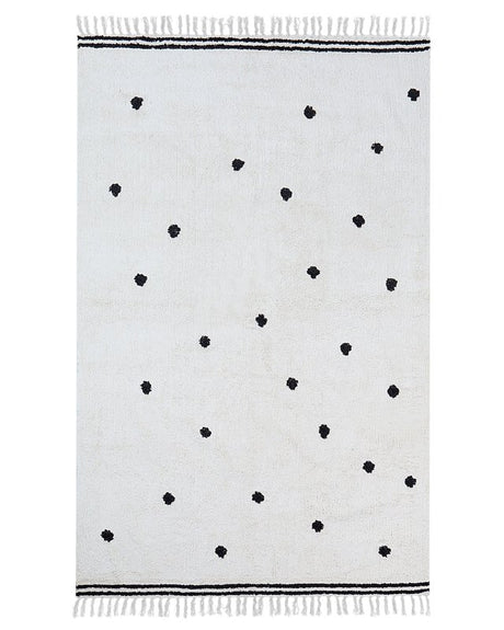 Tufted Rug Cotton White 140x200 cm with Black Dots and Stripes Rectangular Beliani