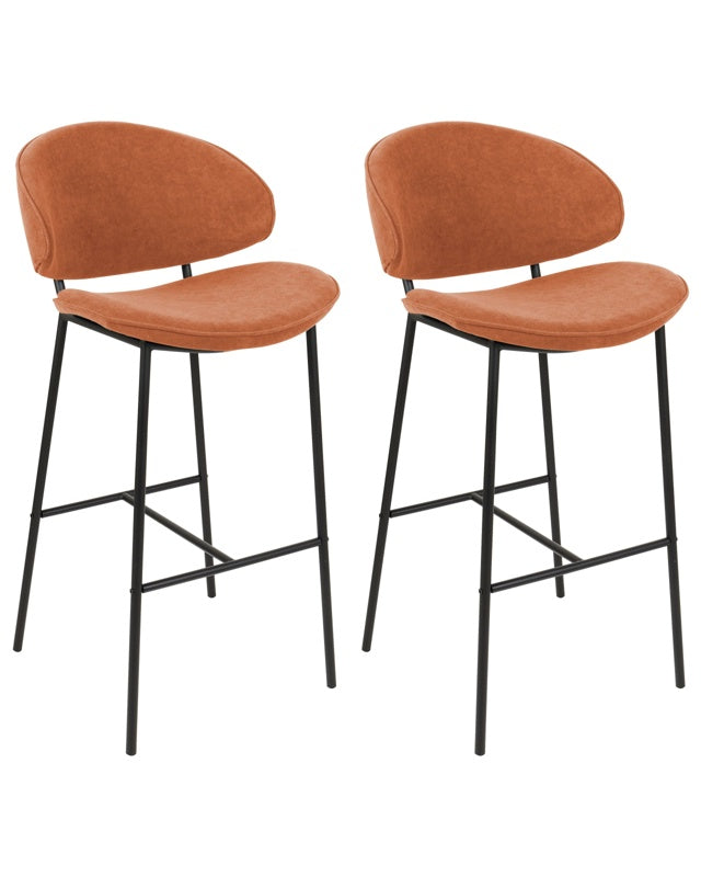 Set of 2 Dining Bar Chairs Orange Fabric Upholstery Black Metal Legs Armless Curved Backrest Modern Contemporary Design Beliani