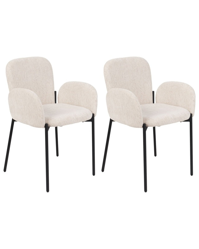 Set of 2 Dining Chairs Beige Fabric Upholstered Woven Polyester Black Legs Retro Style Living Space Furniture Beliani