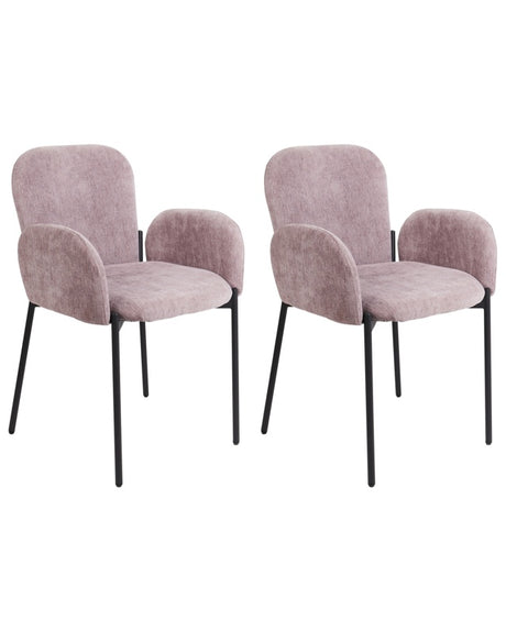 Set of 2 Dining Chairs Pink Fabric Upholstered Woven Polyester Black Legs Retro Style Living Space Furniture Beliani