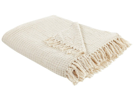 Blanket Light Beige Cotton Throw 200 x 220 cm Hand Woven with Tassels Sofa Bed Home Accessories Beliani