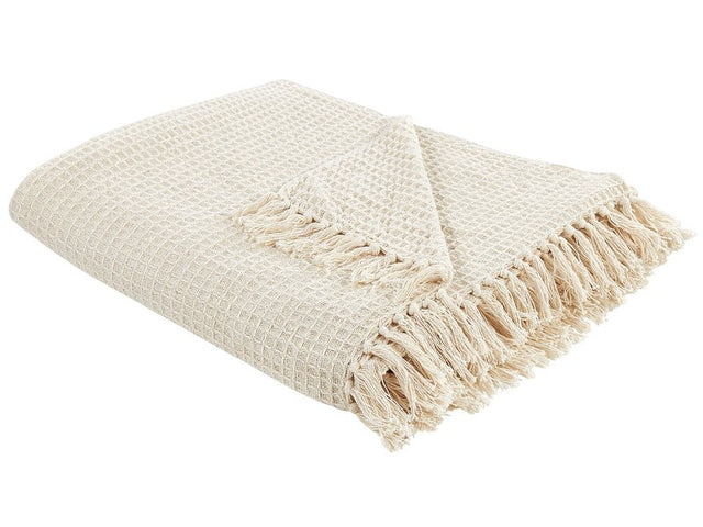 Blanket Light Beige Cotton Throw 220 x 240 cm Hand Woven with Tassels Sofa Bed Home Accessories Beliani