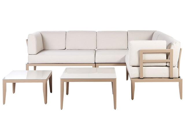 Garden Sofa Set Light Beige Aluminium Polyester 6 Seater Outdoor Patio Terrace 2 Coffee Tables Cushions Beliani