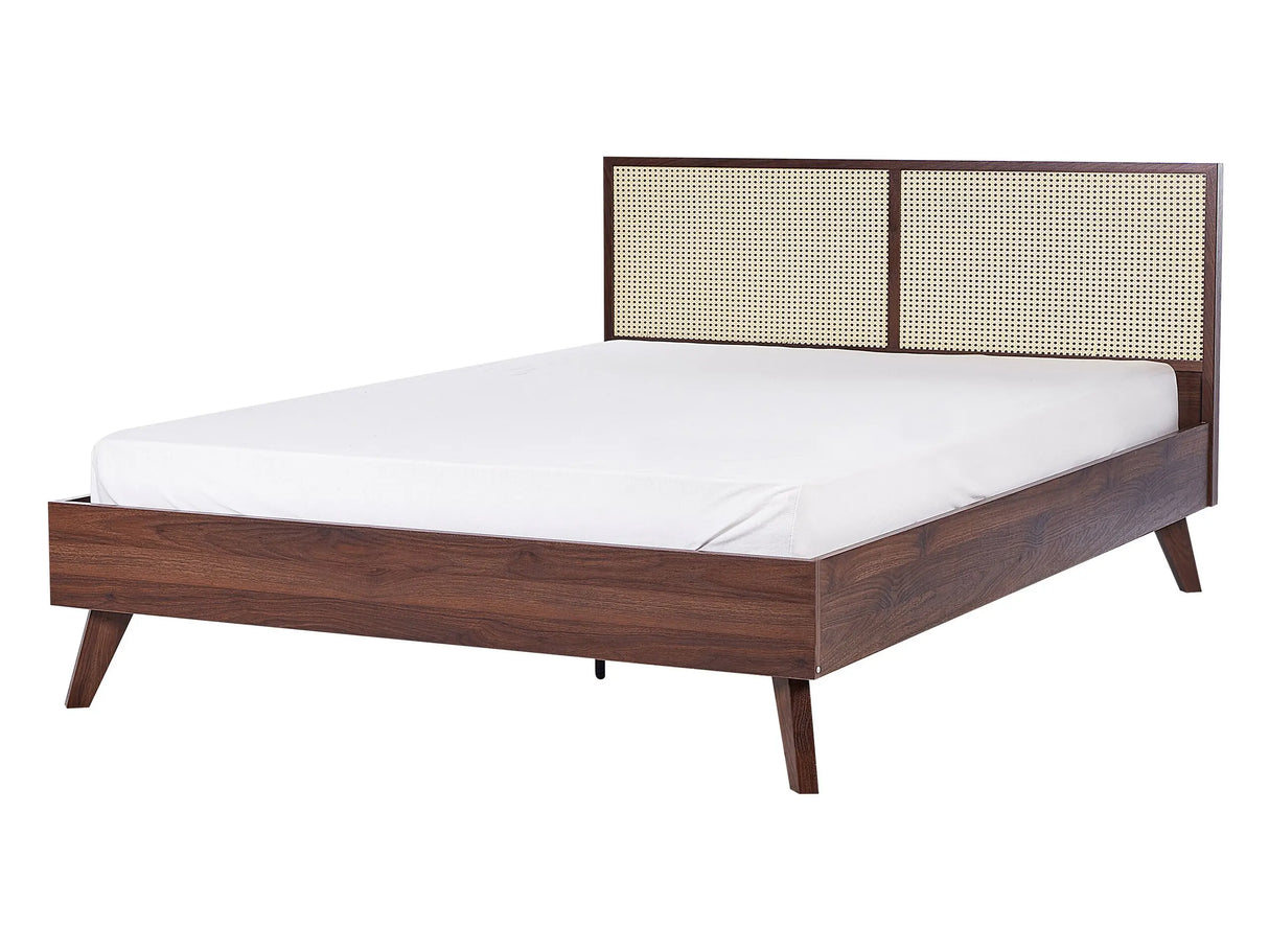 Panel Bed Dark Wood Rattan Particle Board EU Double 4ft6 Slatted Frame Bed Base Braided Headboard Modern Boho Beliani