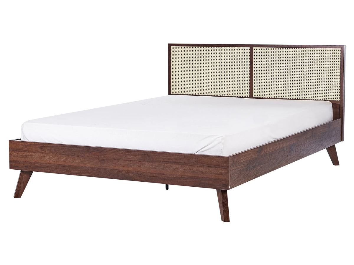 Panel Bed Dark Wood Rattan EU King Size 5ft3 Slatted Frame Bed Base Braided Headboard Modern Boho Beliani
