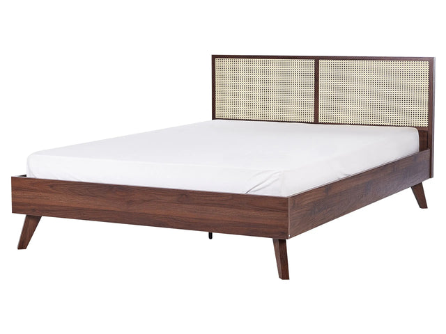 Panel Bed Dark Wood Rattan EU King Size 5ft3 Slatted Frame Bed Base Braided Headboard Modern Boho Beliani