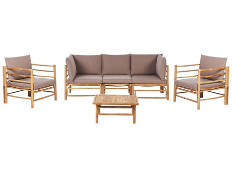 Garden Modular Sofa Set Taupe Bamboo Cushions 3 Seater Sofa 2 Armchairs with Coffee Table Boho Design Outdoor Conversation Set Beliani