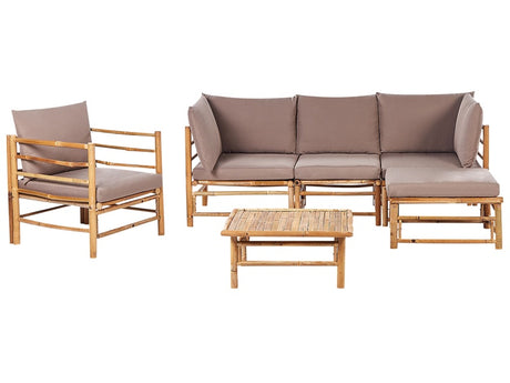 Garden Modular Corner Sofa Set Taupe Bamboo Cushions 4 Seater with Armchair Coffee Table Boho Design Outdoor Conversation Set Beliani