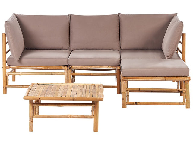 Garden Modular Corner Sofa Set Taupe Bamboo Cushions 4 Seater with Coffee Table Boho Design Outdoor Conversation Set Beliani