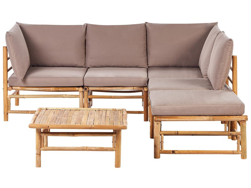 Garden Modular Corner Sofa Set Taupe Bamboo Cushions 5 Seater with Coffee Table Boho Design Outdoor Conversation Set Beliani