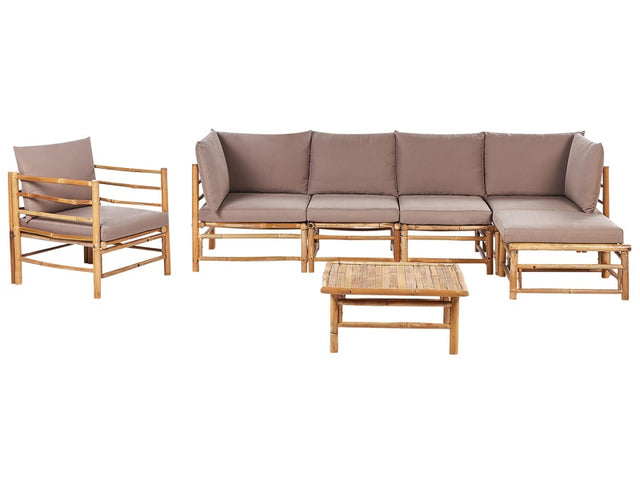 Garden Modular Corner Sofa Set Taupe Bamboo Cushions 5 Seater with Armchair and Coffee Table Boho Design Outdoor Conversation Set Beliani