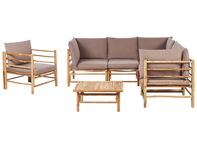 Garden Modular Corner Sofa Set Taupe Bamboo Cushions 5 Seater with Armchair and Coffee Table Boho Design Outdoor Conversation Set Beliani