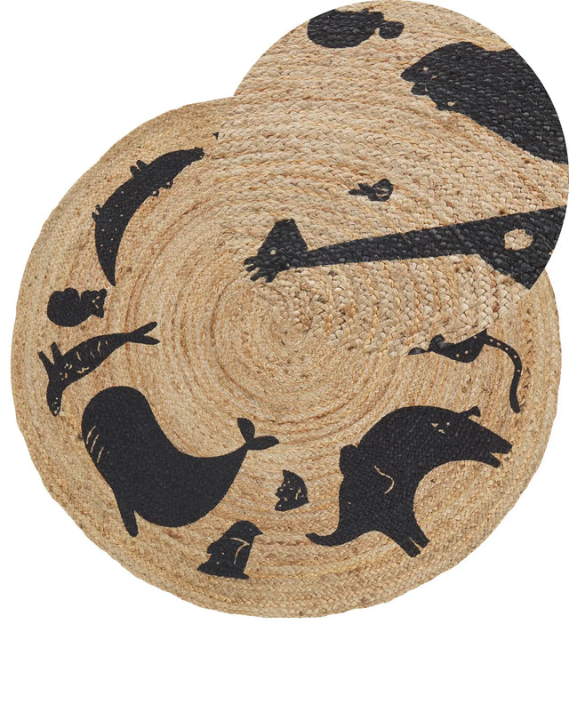 Area Rug Beige Jute  120 cm Round Decorative Animals Pattern Boho Style Living Room Kids Children's Room Beliani