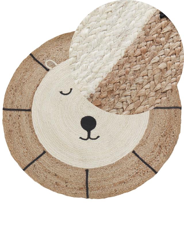 Area Rug Beige Jute ø 120 cm Round Decorative Bear Pattern Boho Style Living Room Kids Children's Room Beliani