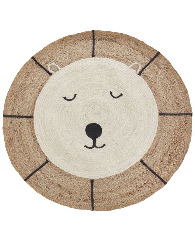 Area Rug Beige Jute  120 cm Round Decorative Bear Pattern Boho Style Living Room Kids Children's Room Beliani