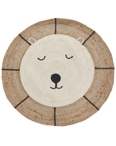 Area Rug Beige Jute  120 cm Round Decorative Bear Pattern Boho Style Living Room Kids Children's Room Beliani