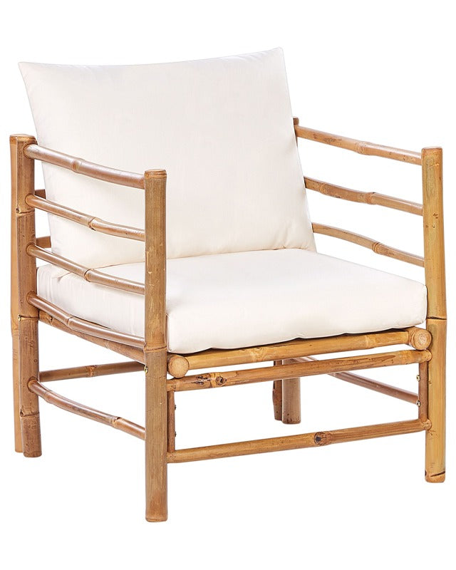 Armchair Light Bamboo Wood Off-White Backrest Seat Cushions Slipper Design Indoor and Outdoor Modern Rustic Design Beliani