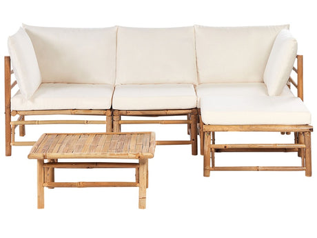 Garden Modular Corner Sofa Set Off-White Bamboo Cushions 4 Seater with Coffee Table Boho Design Outdoor Conversation Set Beliani